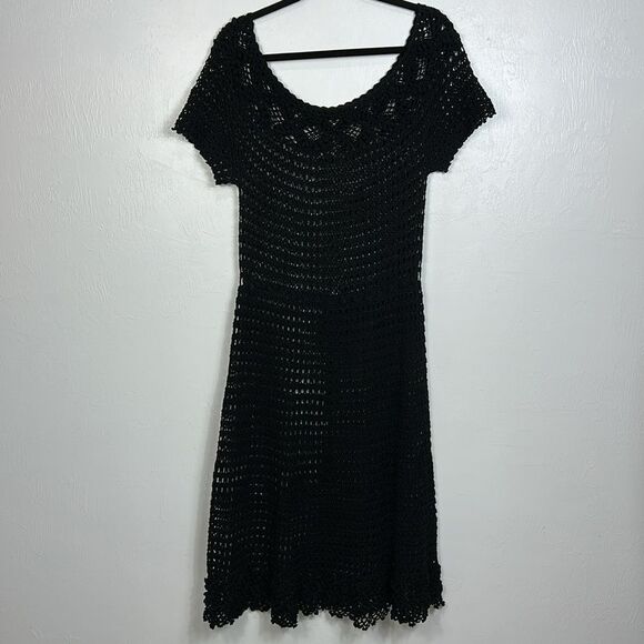 Black Open Knit Vintage Short Sleeve Scoop Neck Midi Dress Size L - Picture 4 of 7